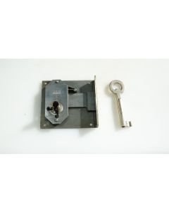 Einlassschloss links, Beschläge, Eisen, L 65mm B 70mm, Stulp L 65mm B 14mm, Dornmass 50mm