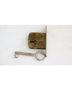 Einsteckschloss mit Rundstulp, links, Beschläge, Messing, Stulp L 75mm B 12mm, Kasten L 38mm B 35mm, Dornmass 25mm